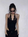 Vintage Lace Splicing Slinging Joint Bodysuit Woman Summer New Tight Air Inside The Net Red Top