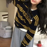 KANING Retro Striped Polo Collar Knitted Shirt 2026 New Women's Collar Collar Hooded Sweater For Women