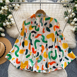 Korean Version Of Commuting Style Color Geometric Print Long-Sleeved Shirt Women's Summer Skin Permeable Loose Cardigan Temperament Top