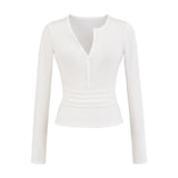 V-Neck Button Long-Sleeved T-Shirt V Collar Slimming Top New