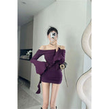 Sexy Hottie Purple Shoulder Dress Women Autumn Winter Design Tight Body Thin Ass Short Skirt