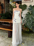 White Embroidery Dress Sexy Wind Mesh Splicing Bra Dress Women Summer Repair Height And Waist-Bosing Long Skirt