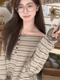 Lazy Wind Collared Shoulder-Striped Women's Spring And Autumn Long-Sleeved Loose T-Shirt Retro Wasteland Casual Blouse