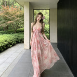 Net Yarn Holiday Style Purple Broken Flower Sling Dress Female Summer Sexy Bare Backpack Hip Dress Is Beautiful