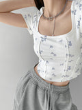 2026 Summer Design Sense Collar Short-Sleeved T-Shirt Women's Fish Bone Line T-Shirt Umbilly Umbilly Short Floral Blouse