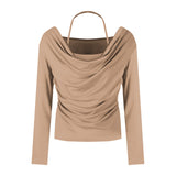 Pure Wind Hanging Neck Fake Two Long-Sleeved T-Shirts For The Autumn Women's New Body-Repair Short-Covered Tucked On The Shoulder Ins
