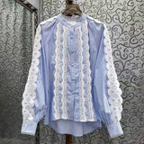 European Goods Spring New High-End Lightweight Design Lace Wood Ear Splicing Single Buckle Temperament Shirt