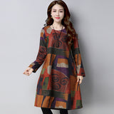 Autumn And Winter National Fat Hairs Long-Sleeved Dress Women's Large Size Women's Loose Thin Print Dress Tide