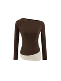Yellow Pure Sexual Sexy Two Slanted Shoulder Lace Spliced Long-Sleeved T-Shirt Girls Spring And Summer Body Show Off Shoulder Clothes
