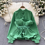 French Light Luxury Famous High-End Bubble Bubble Sleeve Shirt Women Autumn Waist Lotus Leaf Side Design Niche Super Fairy Top