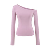 Solid Color Oblique Shoulder Shoulder-To-Shoulder Knitted Long-Sleeved Hottie Design Feel Bottom Blouse T-Shirt