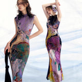 Street Wind Before And After Two Bumpy Color Printed Cheongsam Dress High-End Temperament Female Summer Bagged Hip Dress