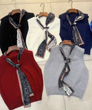 KANING Design-Sensitive Ribbon Bow V-Neck Vest Women's Autumn Soft-Gried Knitted Vest Korean Sleeveless Top
