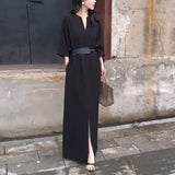 French Elegance Style Solid Color V-Neck Seven-Sleeve Dress Women Autumn With Pocket Open Fork Long Skirt