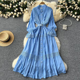 French Court Retro Elegant Dress Women's Collar Horn Sleeves To Close Single Buckle Lace Splicing Large Swing Dress