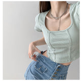 2026 Summer Design Sense Collar Short-Sleeved T-Shirt Women's Fish Bone Line T-Shirt Umbilly Umbilly Short Floral Blouse
