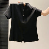 Li-Necked Double Zipper Short-Sleeved T-Shirt Women 2026 Summer New Korean Loose Thin Temperament Commuting Top