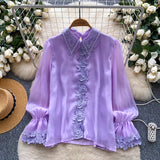 French Design Sense Of A Small Chic Top Female Heavy Industry Nail Lace Splicing Bead Mesh Yarn Shirt Female Gentle Wind