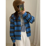 KANING Korean Striped Double Zipper Knitted Cardigan 2026 Autumn New Women's Short Round-Neck Sweater Jacket