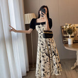 Pure Style Design Sense Thin Splicing Broken Floral Dress Women's Summer 2025 New Square Collar Bubble Bubble Sleeve A Word Dress
