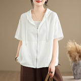 Real Shooting Summer New Hooded Solid Color Casual Pocket Shirt Zipper Small Jacket Under The Sleepe Rope Top