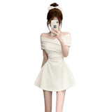 Light Luxury Rich Family Gold Pure Color Shoulder Dress Girl Small Man Waist A Short Dress Summer