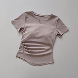 Summer Sports Yoga Suit With Chest Pad V-Neck Short-Sleeved Women's Training Fitness Running Slimming Top