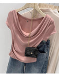 Ins Design Collared Shoulder T-Shirt Women's Short-Sleeved Summer Short-Sleeved Bloat To The Waist Sexy Pure Lust Sympathetic Girl