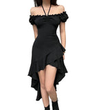 Black Lotus Side Irregular Dress Women's Summer New Word Shoulder-To-Shoulder Sexy Long Skirt