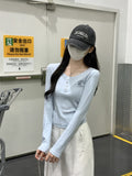 Korean Version Of Small Embroidery Shoulder Long Sleeve Bottom Shirt Women's 2026 Early Autumn Button U Neck T-Shirt Milk Blue Top