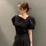South Korea's New Summer Temperament Irregular Collar Design Sense Of Small Pressure Folding Bubble Sleeve Shirt Woman