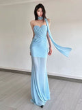 Pure Lustrous Gentle Bare-Colored Mesh Dress Female High-End Temperament Vacation Fishtail Ass And Hip Dress