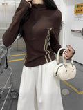 Half-Necked Zip-Up Collar Collar Slimming Bottom Shirt Women Autumn Winter Double Bar Striped Long-Sleeved T-Shirt
