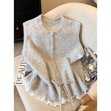 KANING Soft Lace Side Hem Spliced Knitted Vest 2026 Autumn And Winter New Folding Sweater Vest