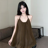 Solidly Colored Bare Shoulder With Back Hanging Neck With Dress Women's Summer Vacation Net Folded Loose Flower Skirt Skirt