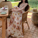 [Komo Lake Garden] Black Standard Folded Large Dress Dress Women 2026 Summer New Broken Flower Slings Long Skirt