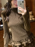 De-Huffed Brown Broken Flowers Spliced Bottom Shirt Women Autumn And Winter Half-High Collar Slimming Folding Inside Cloth
