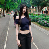 Ins Pure Hot Girl Shoulder Collar Temperament Body Short Sleeve T-Shirt Female Tightness Bottom Hottie Top Female Tide