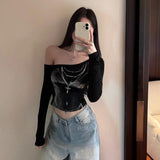 Korean Hottie Collared Shoulder Long-Sleeved T-Shirt Girl Autumn 2025 New Temperament Short Slim Slim Top Tide