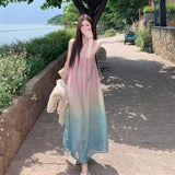 Sweet Gradient Beach Folded Sling Dress Women's Summer Vacation Style Loose Waist A-Shaped Dress