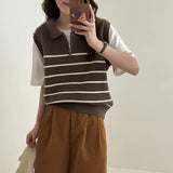 KANING Striped Collar Half Zipper Knitted Vest Women 2026 Autumn New Simple Folded Knitted Vest Women