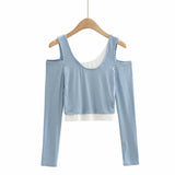 New Fashion Open Shoulder Elastic Slimming Short-Sleeved T-Shirt Two Stacks Of Bumpy Bottom Shirt