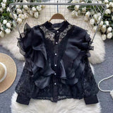 French Small Luxury Three-Dimensional Lotus Side Splicing Round Collar Pearl Single Buckle Lace Jersey Top