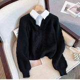 Sweater Autumn And Winter Splicing Women's Shirt Wearing Design Sense Of A Small Collar Loose Jasmine Knitted Shirt Two