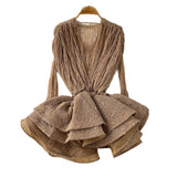 Vintage Style Niche Sexy Lace Long-Sleeved Dress Women Summer Waists Thin Ponhosle Side Short Skirt