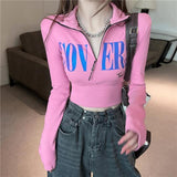 Zipper Letter Print Long-Sleeved T-Shirt Women Autumn New Short Repair Height Korean Version Of Wearing Fashionable Clothes