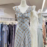 2025 New Summer French Elegant Temperament Gentle Lotus Leaf Side Check Dress Women Summer Slim Down Age Dress