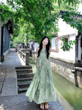 New Chinese Women's Sleeveless Hanging Neck Dress Summer Cold Slack Feeling Wearing Slings Green Broken Flower Dress
