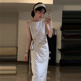 French Wave Point Sleeveless Dress Women's Summer High-End Temperament To Close The Waist Small Bag Hip Long Skirt