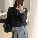 KANING Korean Sweet Lace Spliced Knitted Shirt 2026 Autumn And Winter New Temperament Short Sweater Top